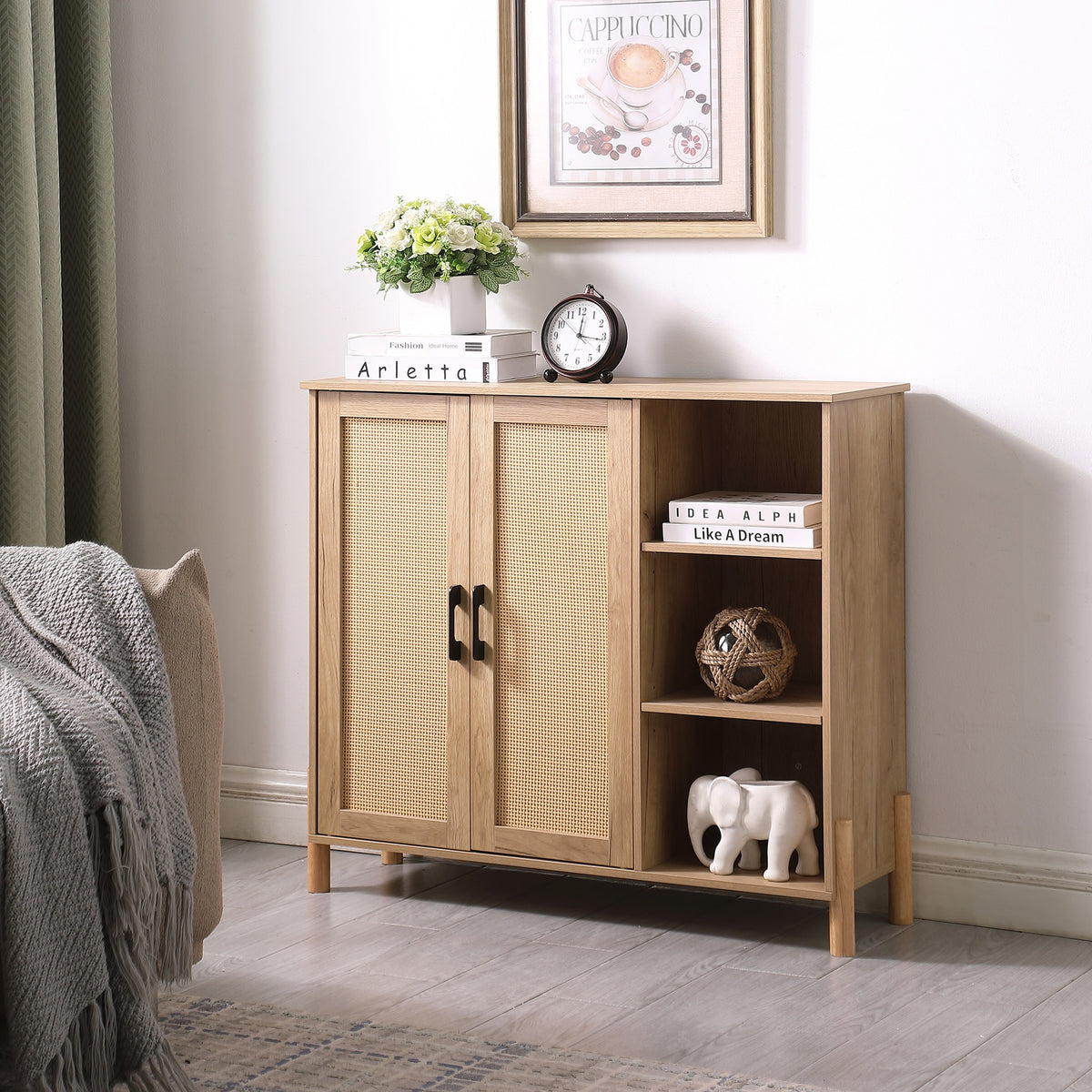 Mid-Century Modern Storage Cabinet with Woven Rattan Doors, Open Shelves & Adjustable Shelves - Perfect for Living Room & Dining Room
