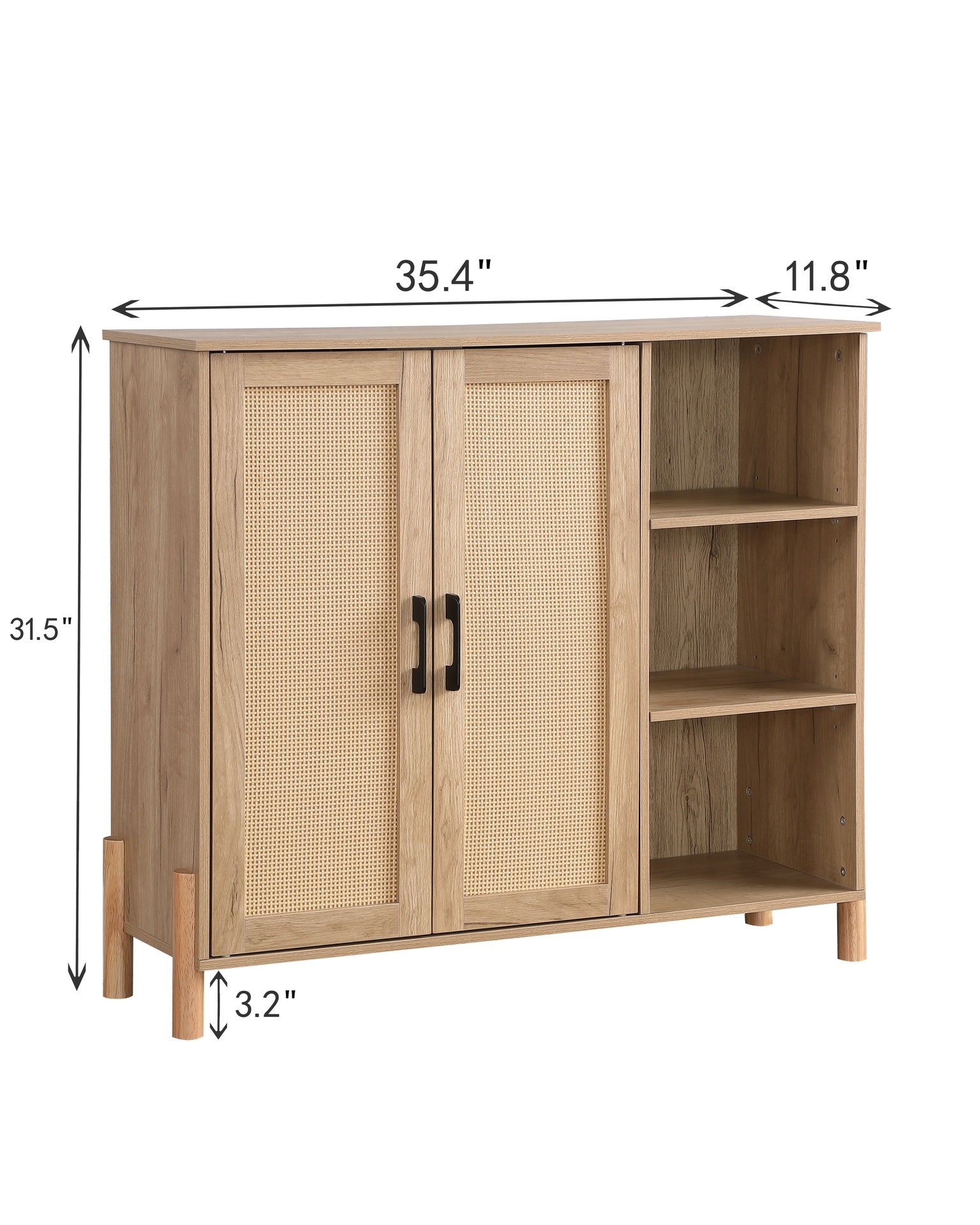 Mid-Century Modern Storage Cabinet with Woven Rattan Doors, Open Shelves & Adjustable Shelves - Perfect for Living Room & Dining Room