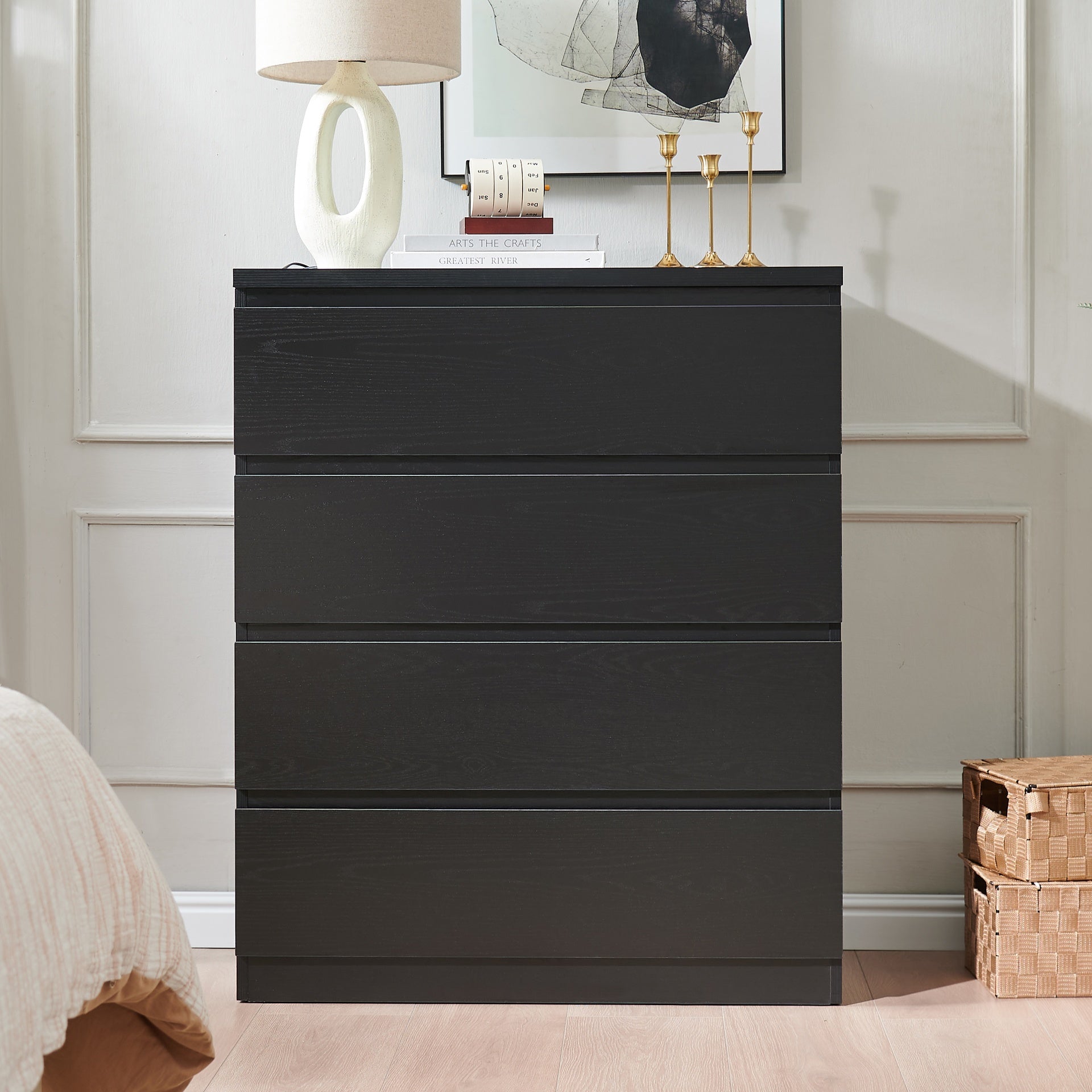 4 Drawer Dresser,Modern Storage Chest of Drawers,31.5In Black Dresser for Closet with Handle-Free Design, Closet Chests Organizer for Bedroom, Living Room,Black