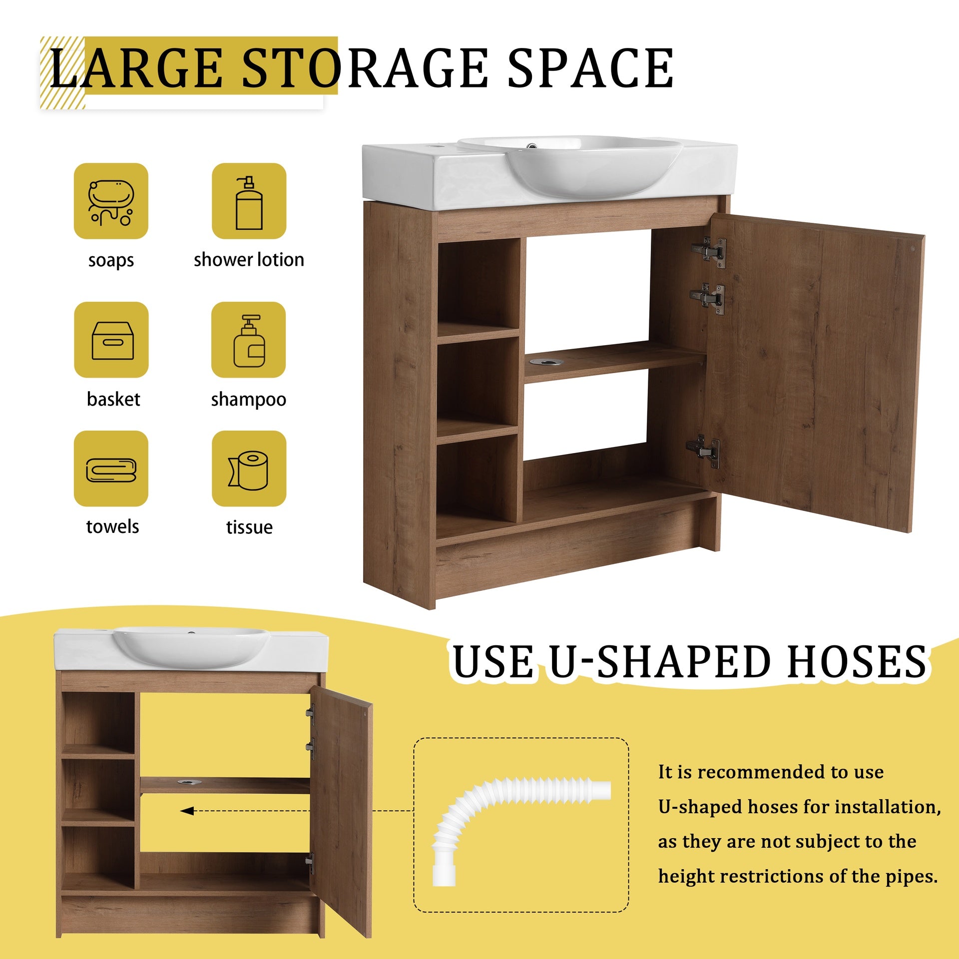 30'' Freestanding Bathroom Vanity with White Ceramic Sink & Soft-Close Door, Plywood, KD-Packing