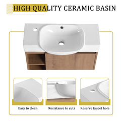 26'' Wall-Mounted Bathroom Vanity with White Ceramic Sink & Soft-Close Door, Plywood, KD-Packing