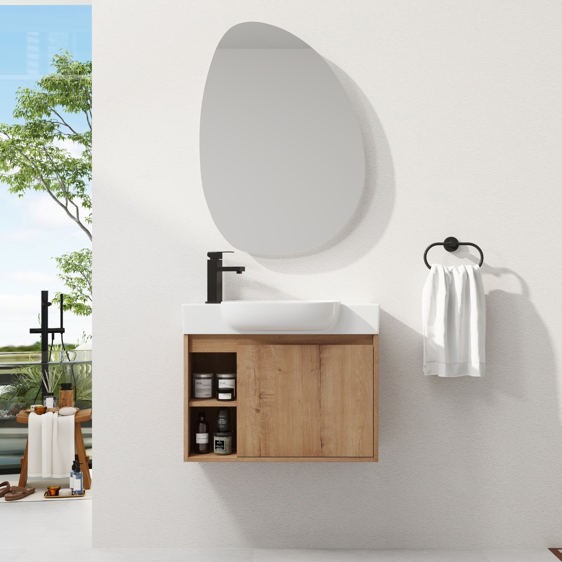 26'' Wall-Mounted Bathroom Vanity with White Ceramic Sink & Soft-Close Door, Plywood, KD-Packing