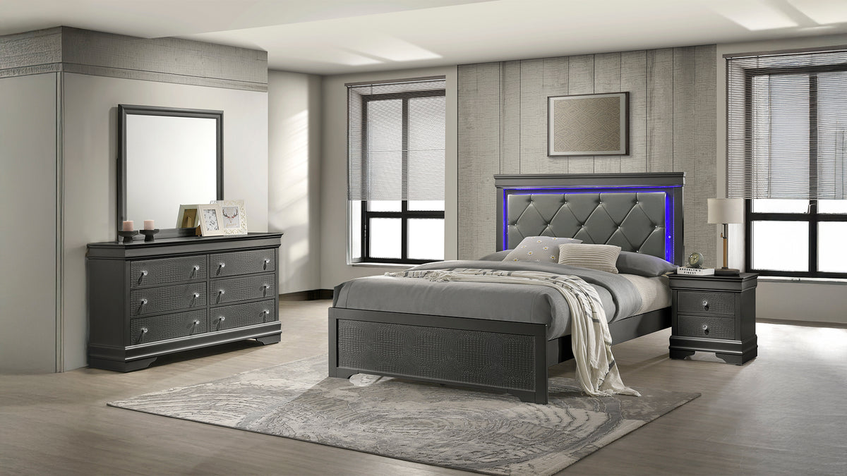 Blaze Upholstered Modern Style 4 Pc Full Bedroom Set with LED Headboard Made with Wood in Metallic Gray(CA WAREHOUSE)