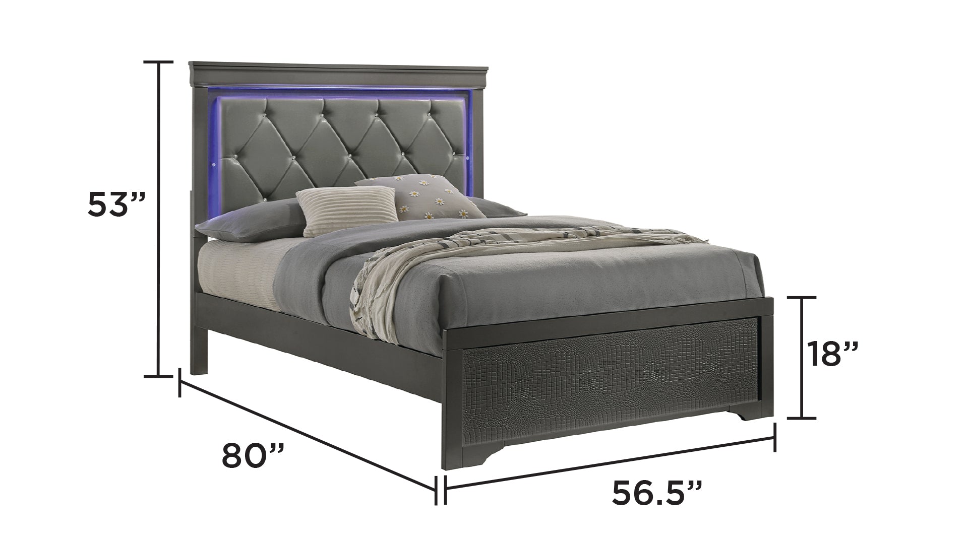 Blaze Upholstered Modern Style 4 Pc Full Bedroom Set with LED Headboard Made with Wood in Metallic Gray(CA WAREHOUSE)