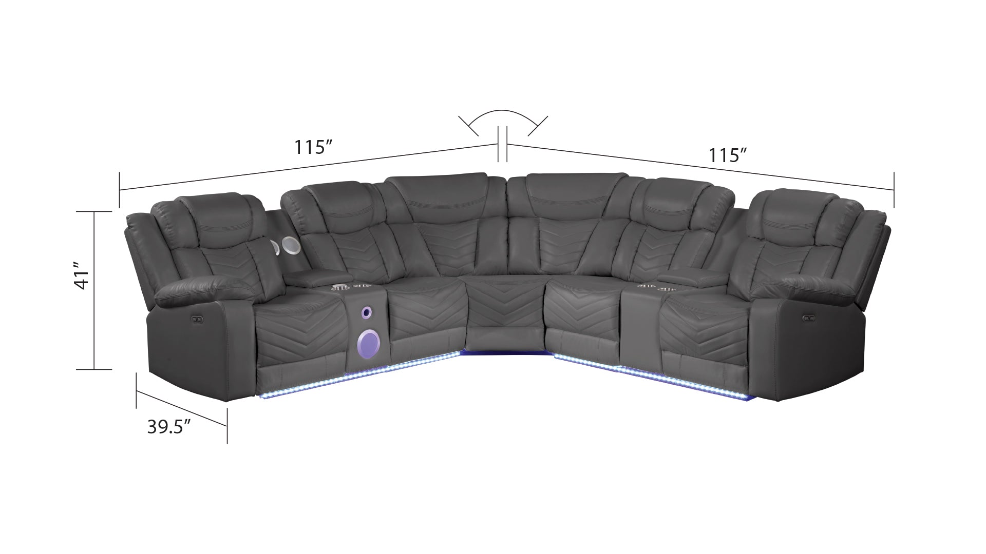 Challenger Modern Style Recliner Sectional Sofa, Built in USB-C Ports & Bluetooth, made with Wood & Faux Leather in Gray(NJ INVENTORY)