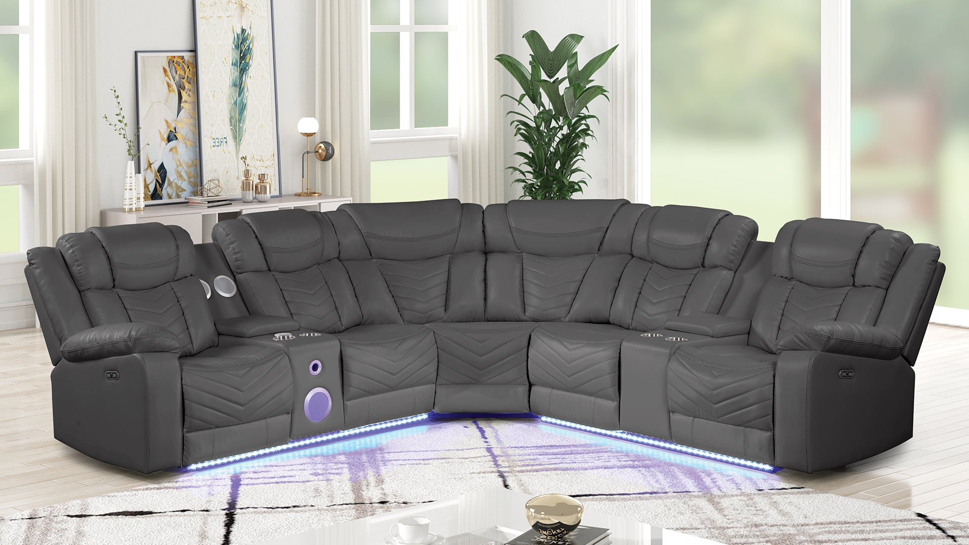 Challenger Modern Style Recliner Sectional Sofa, Built in USB-C Ports & Bluetooth, made with Wood & Faux Leather in Gray(NJ INVENTORY)
