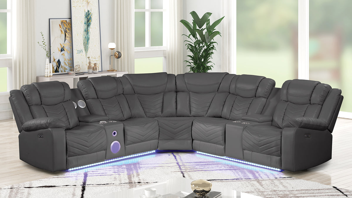 Challenger Modern Style Recliner Sectional Sofa, Built in USB-C Ports & Bluetooth, made with Wood & Faux Leather in Gray(NJ INVENTORY)