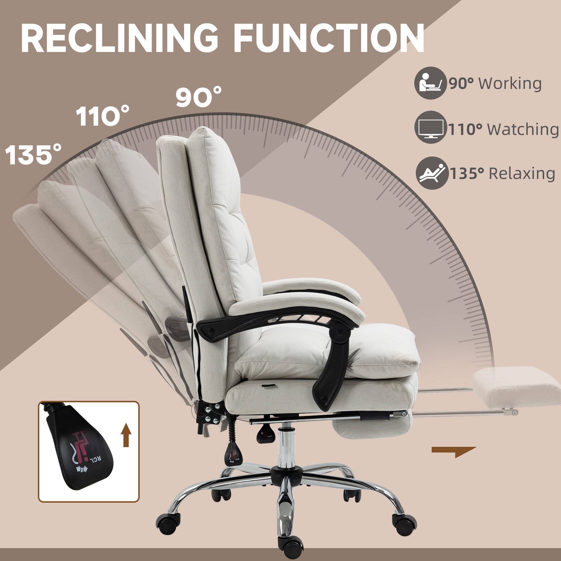 Microfibre Massage Office Chair, Heated Reclining Chair with Footrest,  Cream White