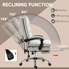 Microfibre Massage Office Chair, Heated Reclining Chair with Footrest,  Cream White