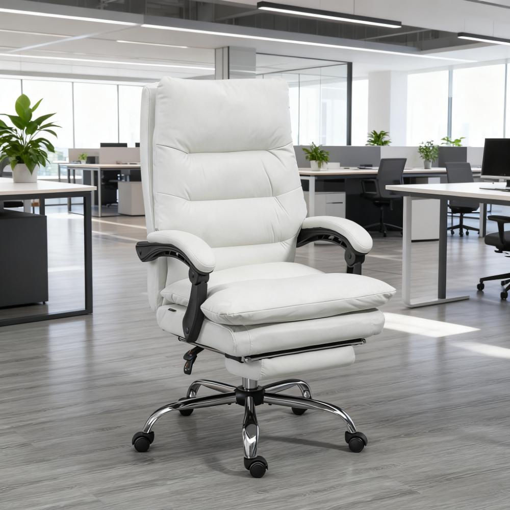 Microfibre Massage Office Chair, Heated Reclining Chair with Footrest,  Cream White