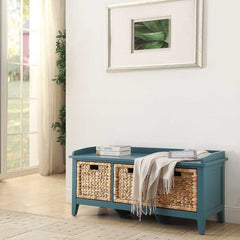 Beige and Teal Bench with 3-Drawer