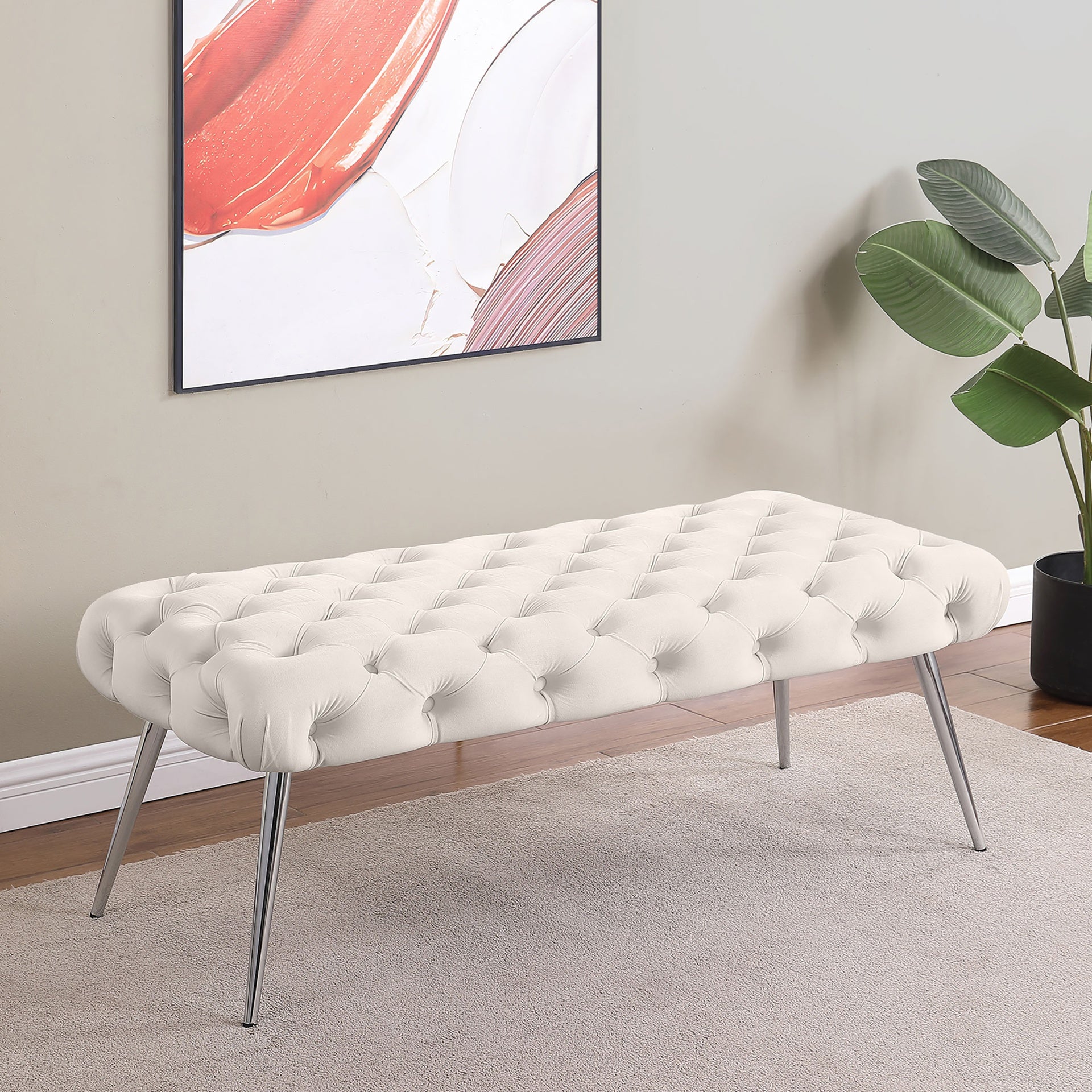 Galiano Ivory Upholstered Tufted Bench