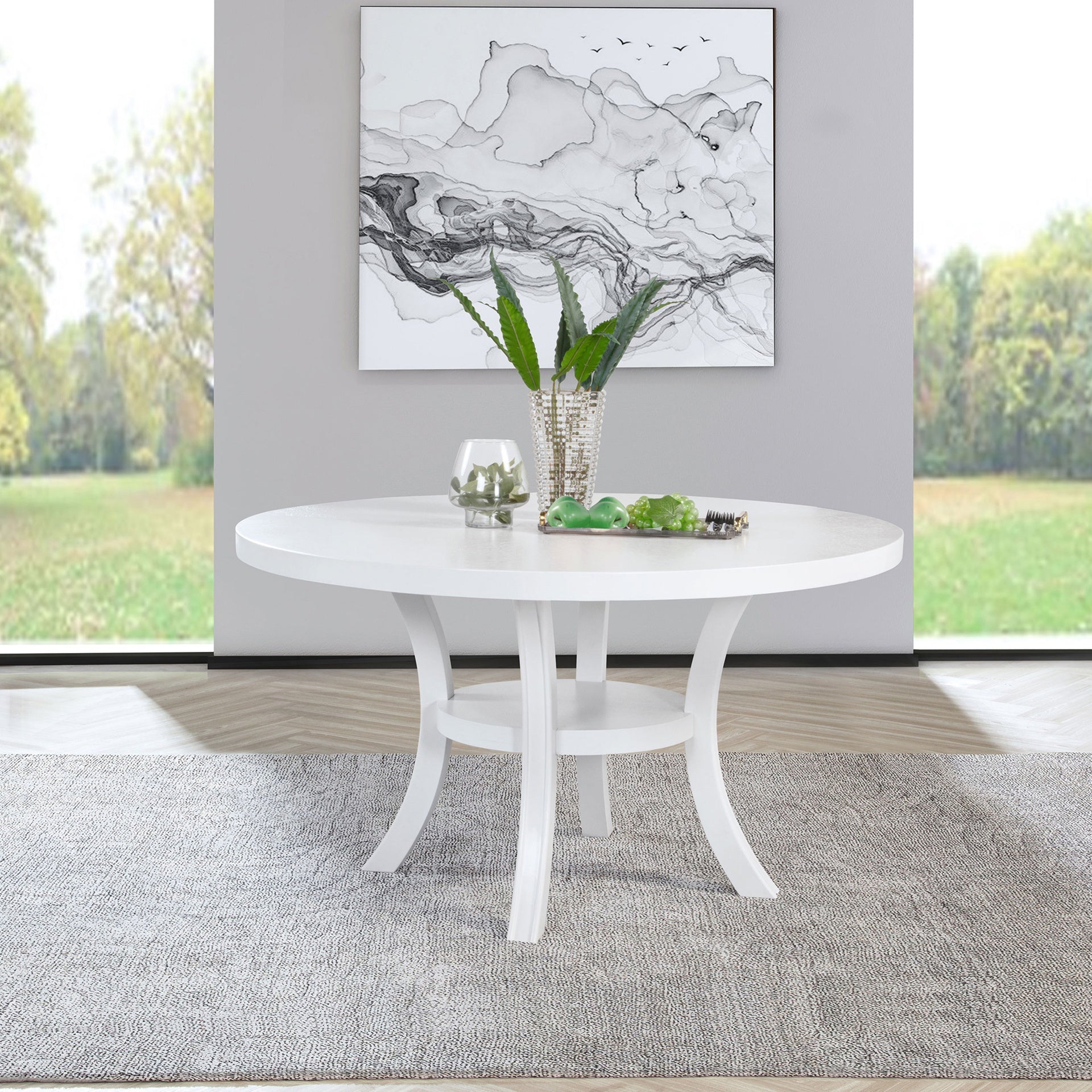 Tyler Pearl White Round Dining Wood Table with Shelf