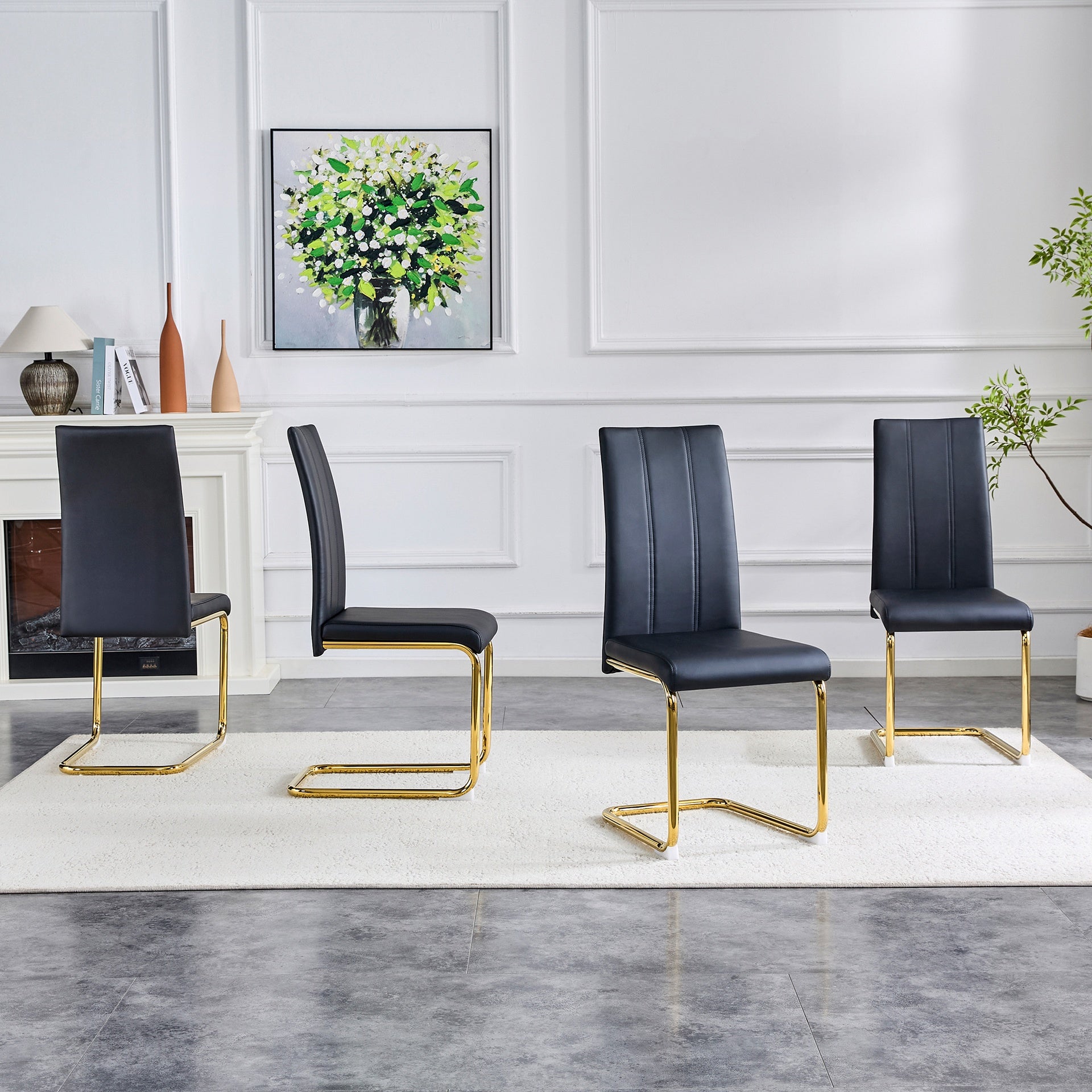 4-Pack Black PU Upholstered Dining Chairs - Modern High-Back Side Chairs with Luxury Gold-Plated Iron Tube Legs for Dining Room, Kitchen & Living Room