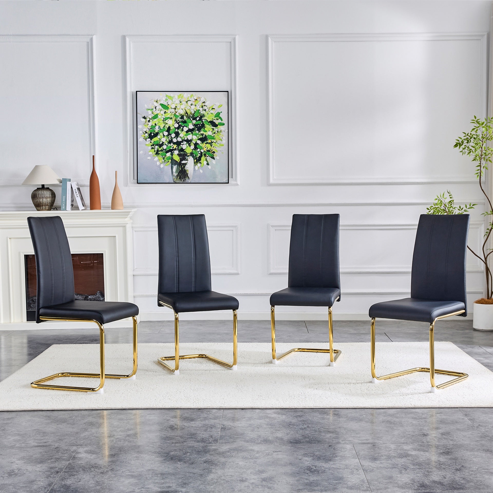 4-Pack Black PU Upholstered Dining Chairs - Modern High-Back Side Chairs with Luxury Gold-Plated Iron Tube Legs for Dining Room, Kitchen & Living Room