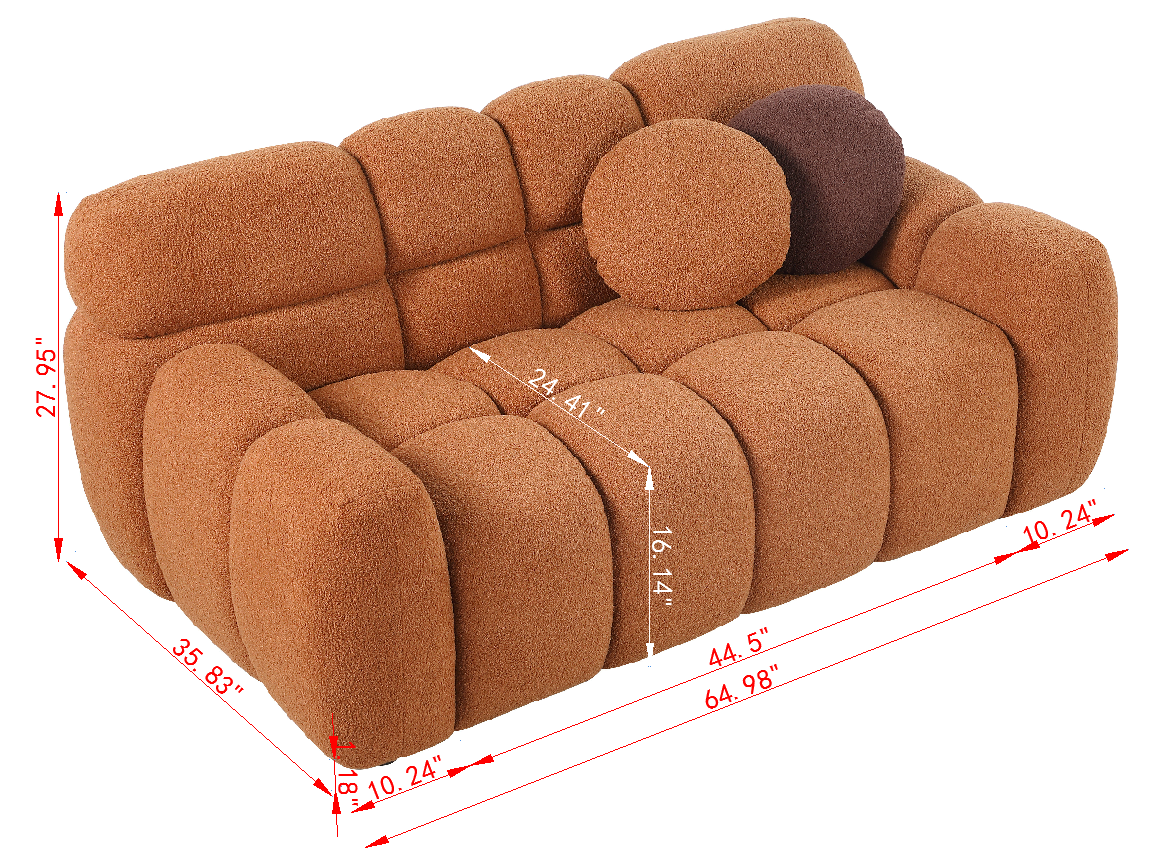 64.98 length ,35.83" deepth ,human body structure for USA people,  marshmallow sofa,boucle sofa ,2  seater,  LIGHT BROWN BOUCLE