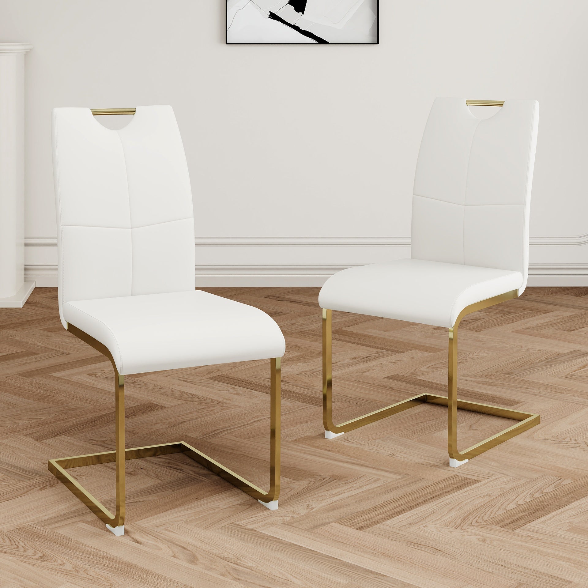 Modern Dining Chairs with Faux Leather Padded Seat Dining Living Room Chairs Upholstered Chair with gold Metal Legs Design for Kitchen, Living, Bedroom, Dining Room Side Chairs Set of 2