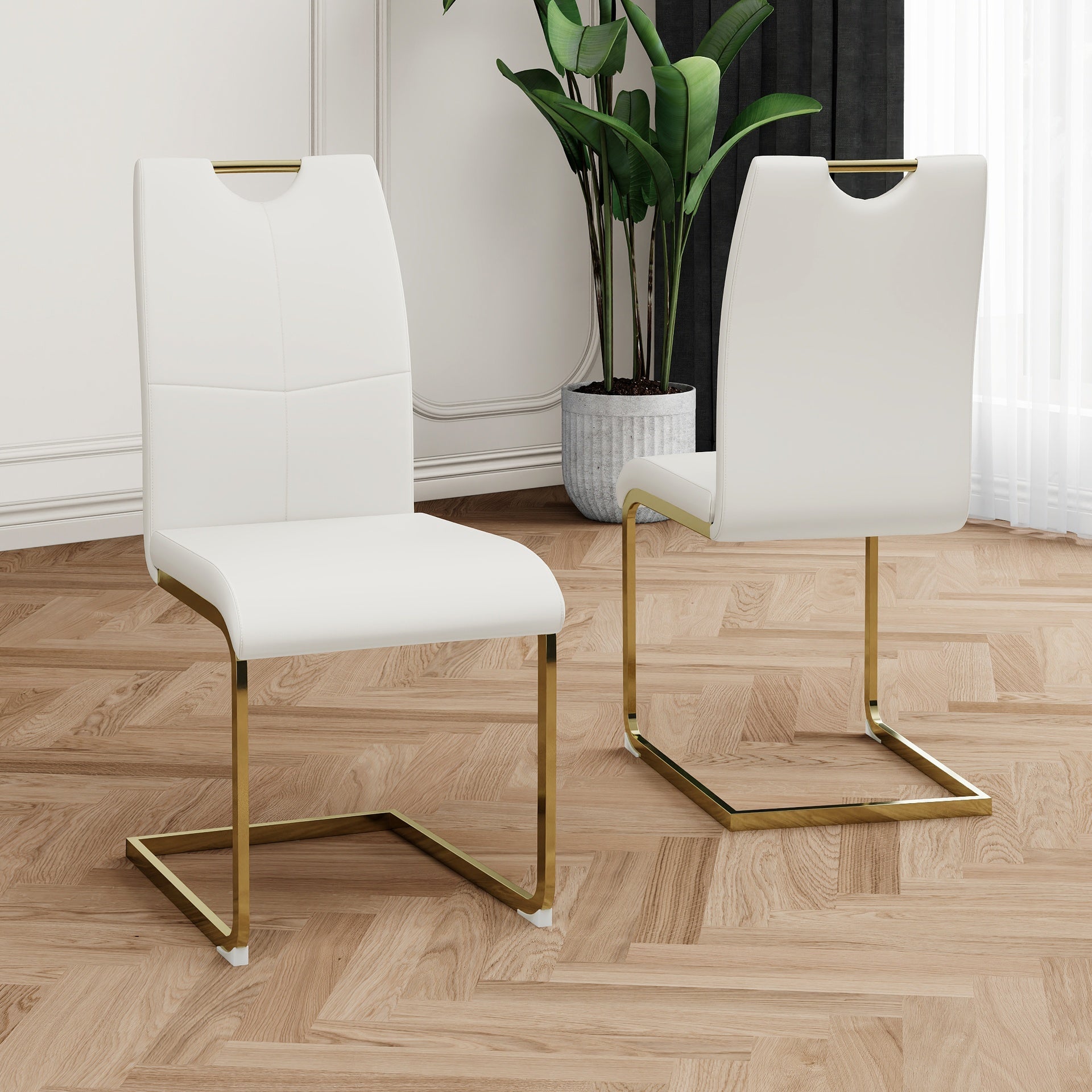 Modern Dining Chairs with Faux Leather Padded Seat Dining Living Room Chairs Upholstered Chair with gold Metal Legs Design for Kitchen, Living, Bedroom, Dining Room Side Chairs Set of 2