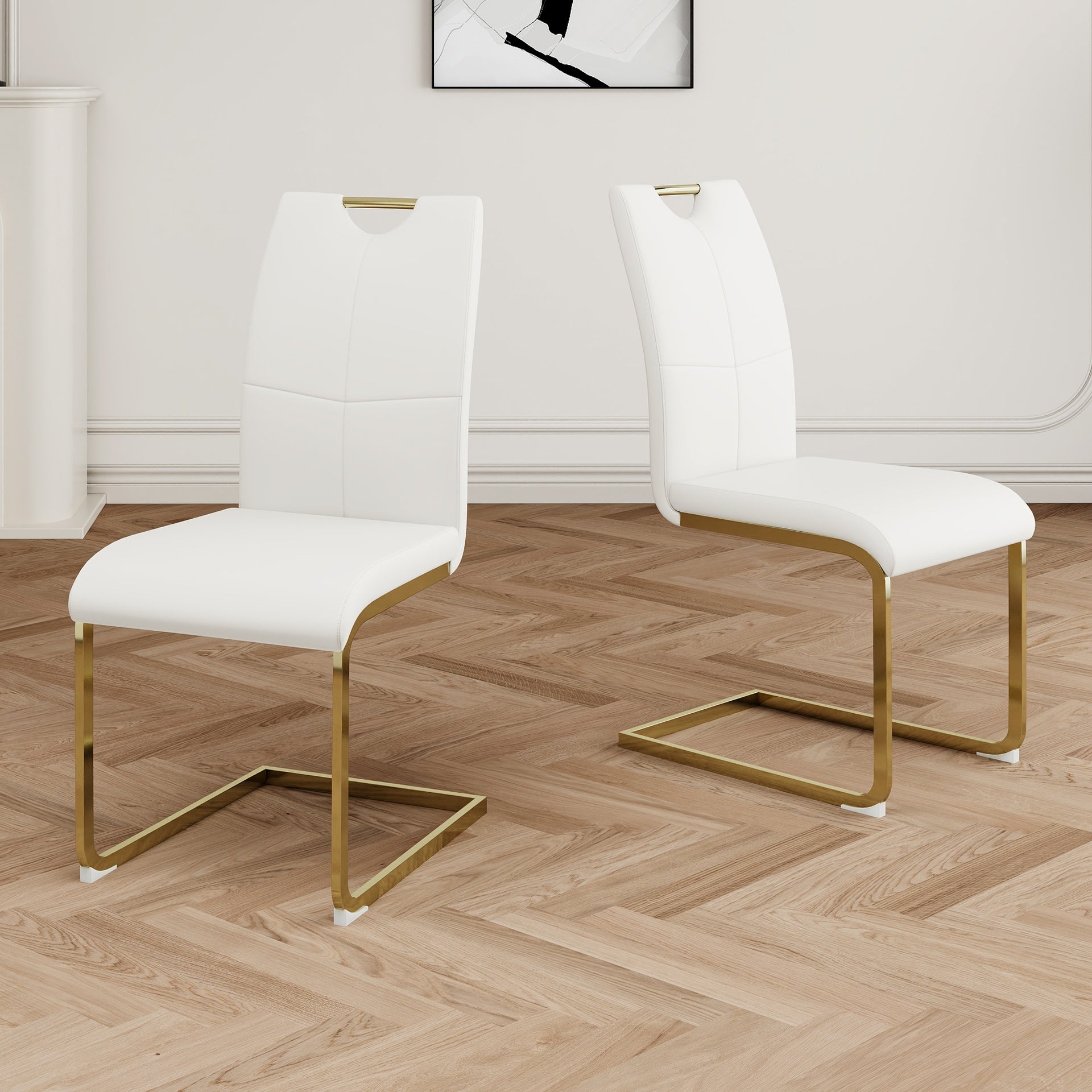Modern Dining Chairs with Faux Leather Padded Seat Dining Living Room Chairs Upholstered Chair with gold Metal Legs Design for Kitchen, Living, Bedroom, Dining Room Side Chairs Set of 2