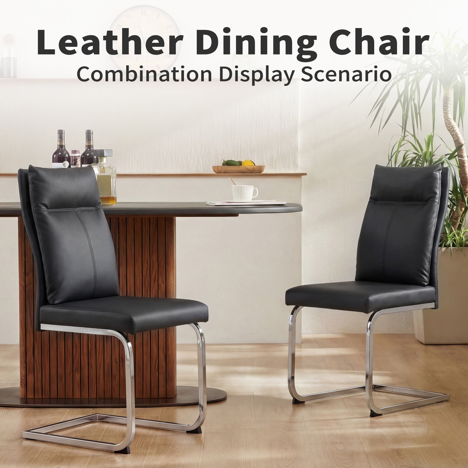 Dining chair set (2 pieces) modern leather imitation soft cushion dining chair, with soft cushion backrest and electroplated legs, suitable for kitchen/living room/dining room,Black