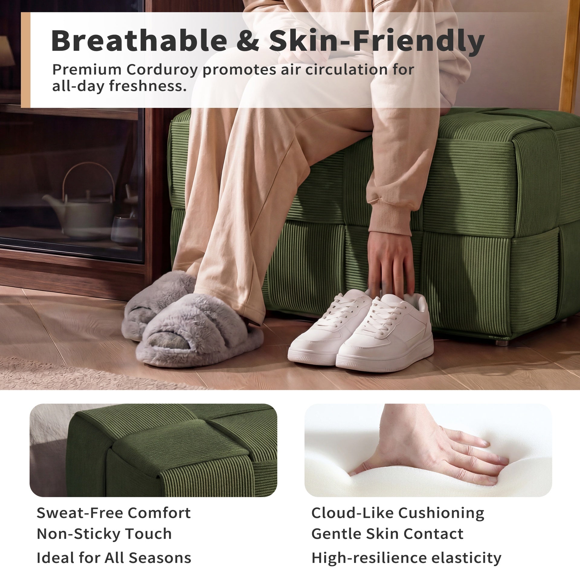 Ottoman Foot Rest Soft and Comfortable Ottoman Square Corduroy Woven Design Sofa Stool Green