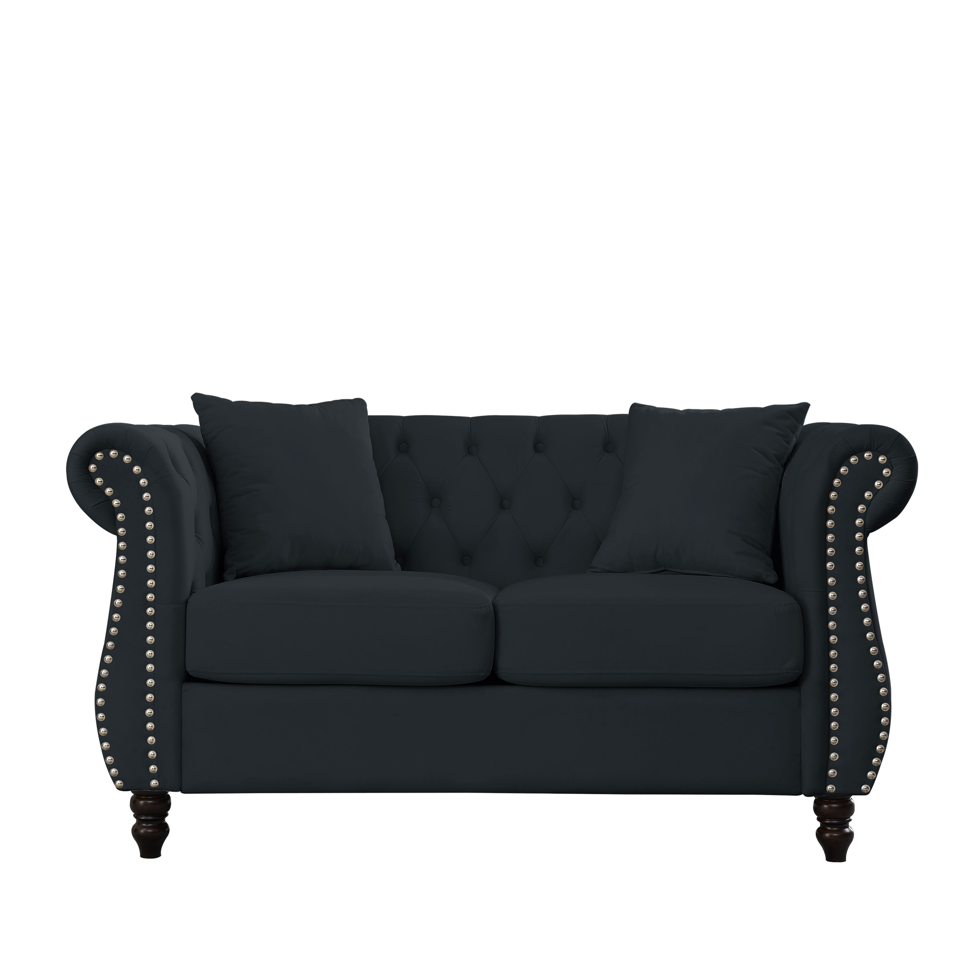 58.8" Chesterfield Sofa Black Velvet for Living Room, 2 Seater Sofa Tufted Couch with Rolled Arms and Nailhead for Living Room, Bedroom, Office, Apartment, two pillows