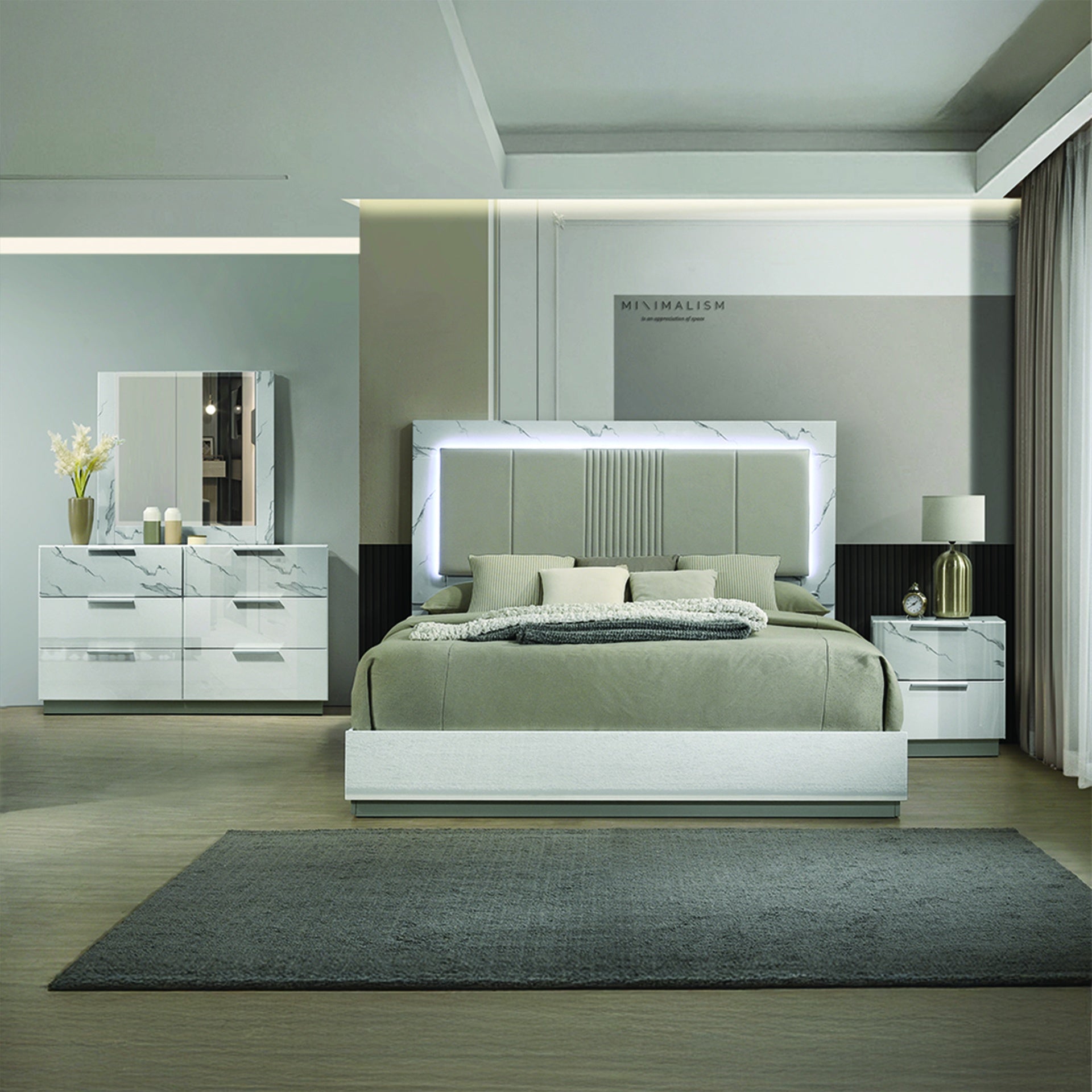 Mist Queen Bed – Two-Tone High-Gloss Marble & Lacquer Finish with LED Lighting, Padded Headboard (NJ Inventory)
