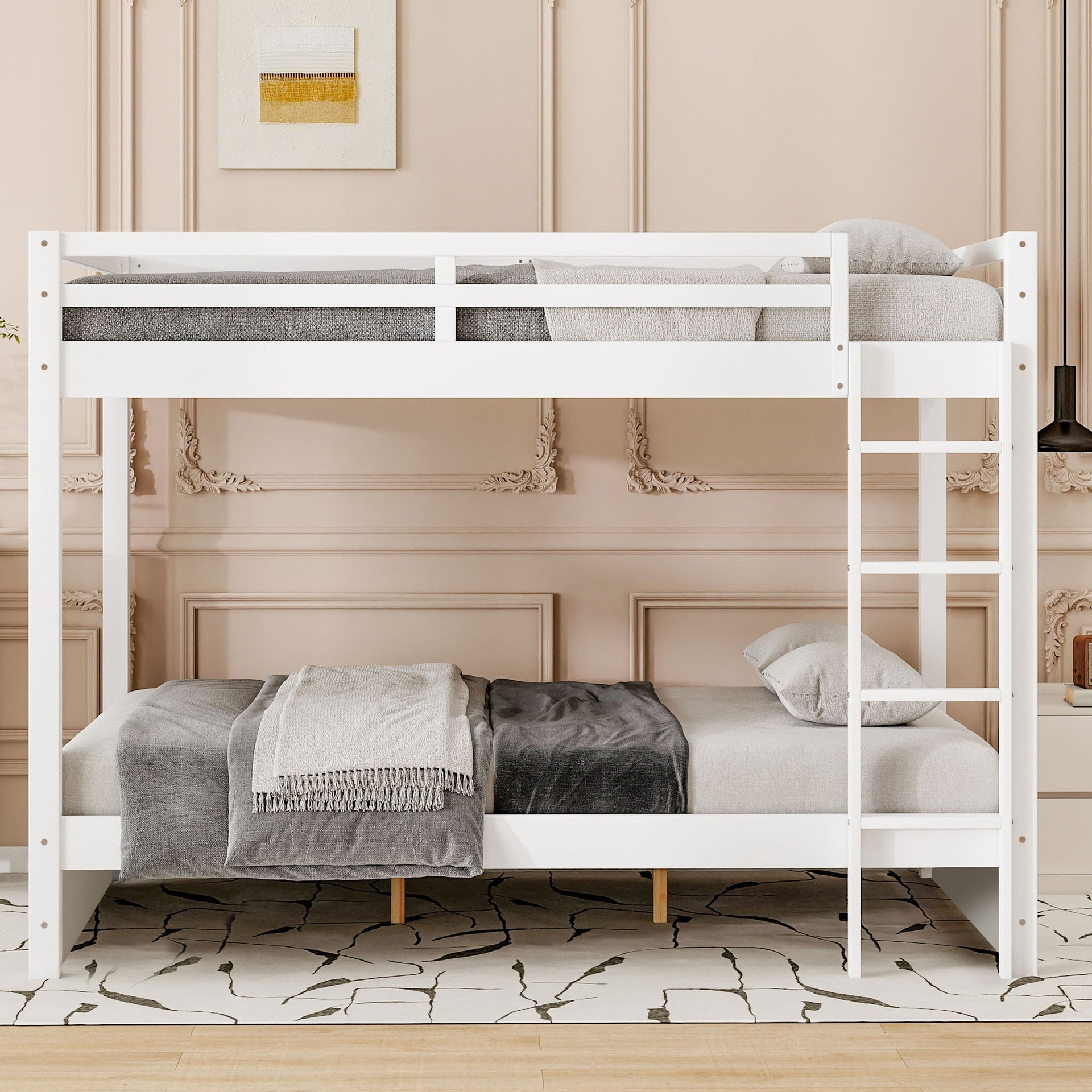 Wood Queen Size Bunk Bed with Ladder, White