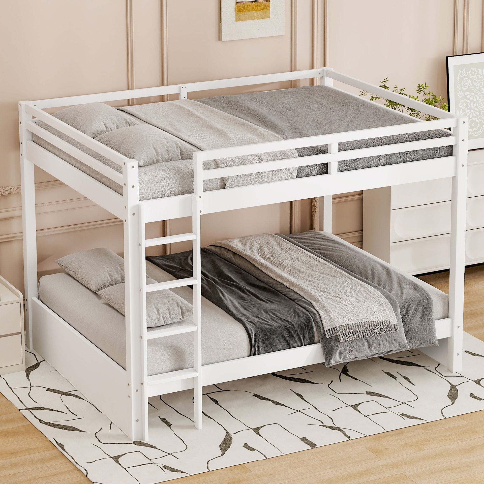 Wood Queen Size Bunk Bed with Ladder, White