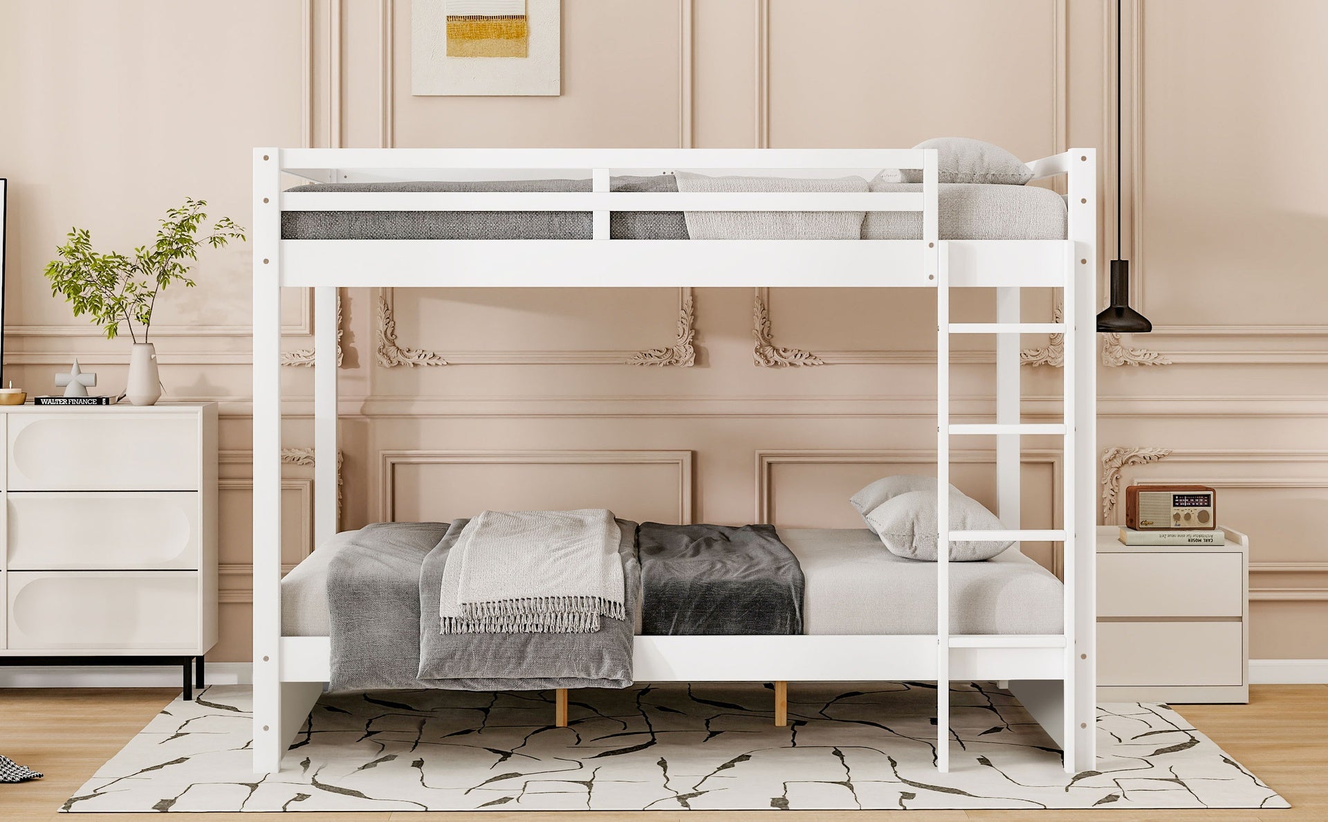 Wood Queen Size Bunk Bed with Ladder, White