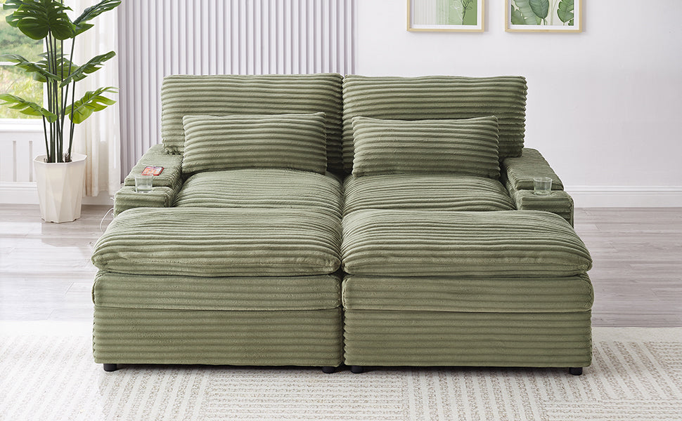 Loveseat Sofa 70.9" Free-combined Sectional Convertible Sofa Bed with Storage Space, Two Movable Ottomans, Four USB Ports and Two Cup Holders for Living Room, Green
