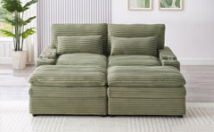 Loveseat Sofa 70.9" Free-combined Sectional Convertible Sofa Bed with Storage Space, Two Movable Ottomans, Four USB Ports and Two Cup Holders for Living Room, Green