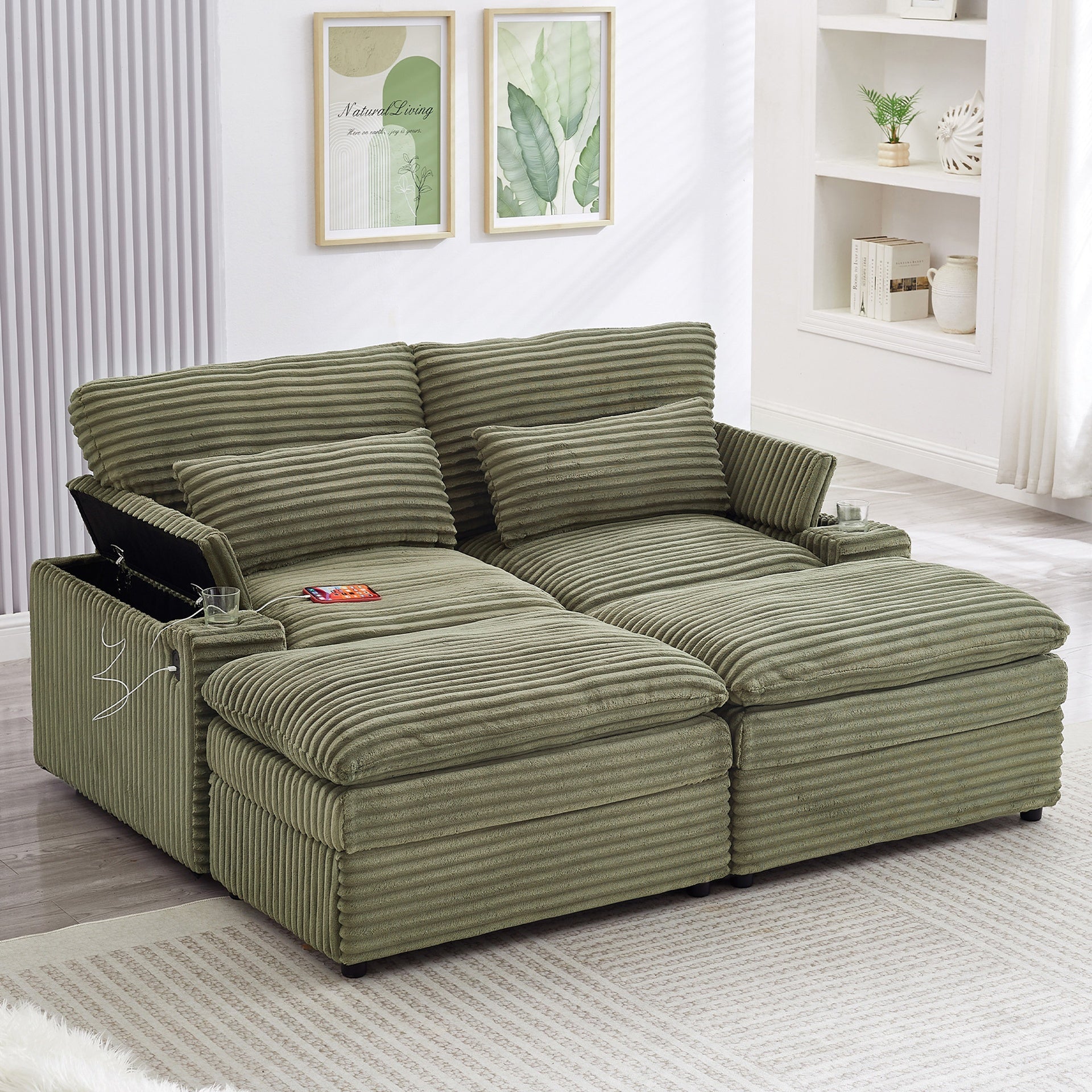 Loveseat Sofa 70.9" Free-combined Sectional Convertible Sofa Bed with Storage Space, Two Movable Ottomans, Four USB Ports and Two Cup Holders for Living Room, Green
