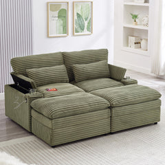 Loveseat Sofa 70.9" Free-combined Sectional Convertible Sofa Bed with Storage Space, Two Movable Ottomans, Four USB Ports and Two Cup Holders for Living Room, Green