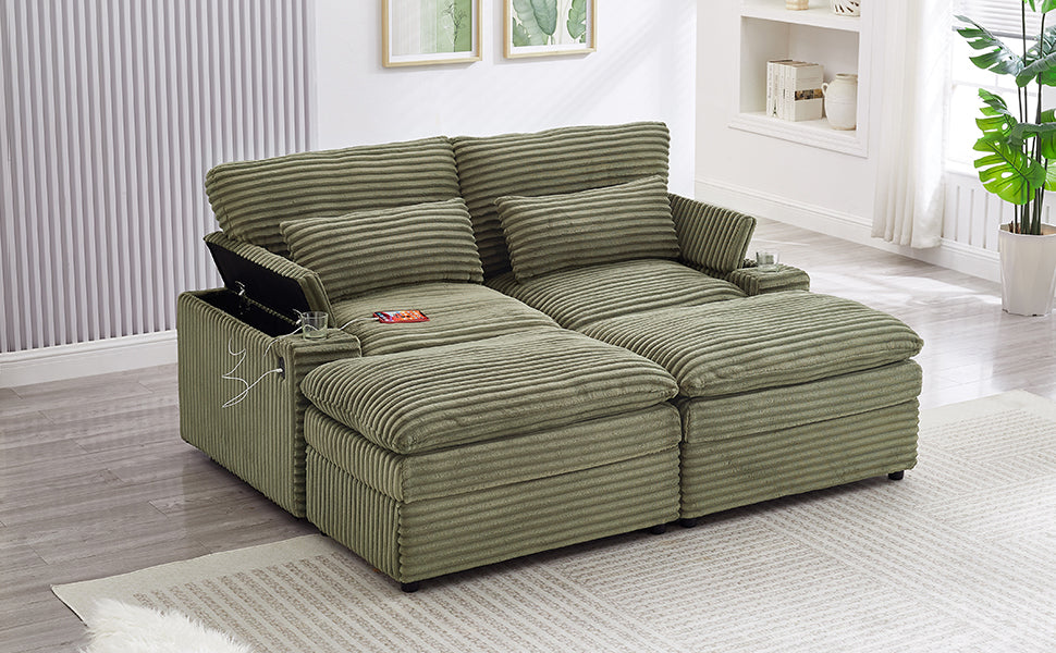 Loveseat Sofa 70.9" Free-combined Sectional Convertible Sofa Bed with Storage Space, Two Movable Ottomans, Four USB Ports and Two Cup Holders for Living Room, Green