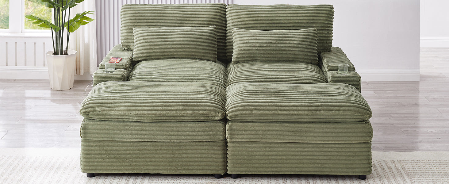 Loveseat Sofa 70.9" Free-combined Sectional Convertible Sofa Bed with Storage Space, Two Movable Ottomans, Four USB Ports and Two Cup Holders for Living Room, Green