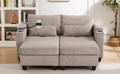 Convertible Chaise Lounge 63" Loveseat Sofa Sofa Bed Corduroy Sleeper Sofa with USB Ports , Two Cup Holders, A Phone Holder and Ample Storage Space for Living Room and Bedroom, Brown