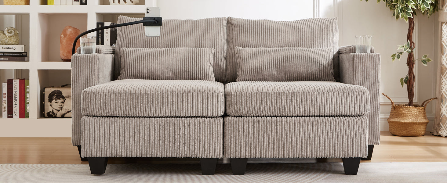 Convertible Chaise Lounge 63" Loveseat Sofa Sofa Bed Corduroy Sleeper Sofa with USB Ports , Two Cup Holders, A Phone Holder and Ample Storage Space for Living Room and Bedroom, Brown