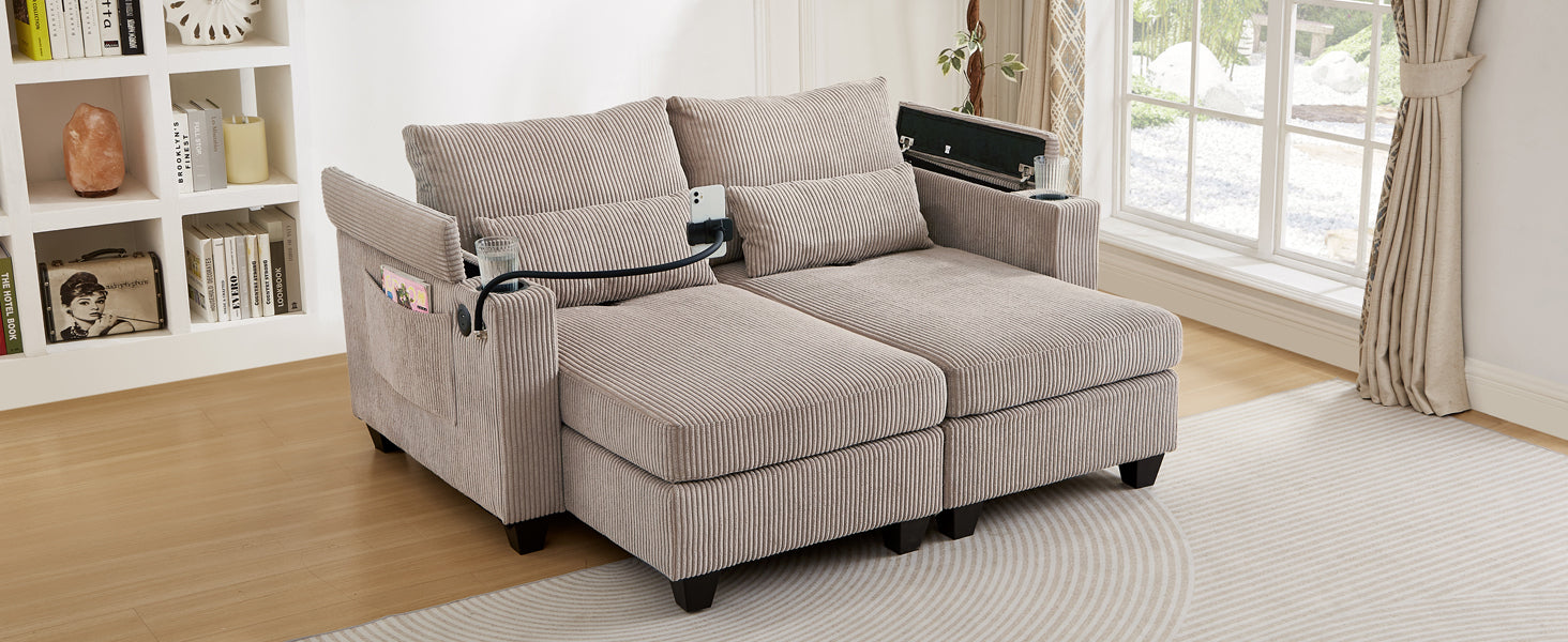 Convertible Chaise Lounge 63" Loveseat Sofa Sofa Bed Corduroy Sleeper Sofa with USB Ports , Two Cup Holders, A Phone Holder and Ample Storage Space for Living Room and Bedroom, Brown