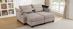 Convertible Chaise Lounge 63" Loveseat Sofa Sofa Bed Corduroy Sleeper Sofa with USB Ports , Two Cup Holders, A Phone Holder and Ample Storage Space for Living Room and Bedroom, Brown