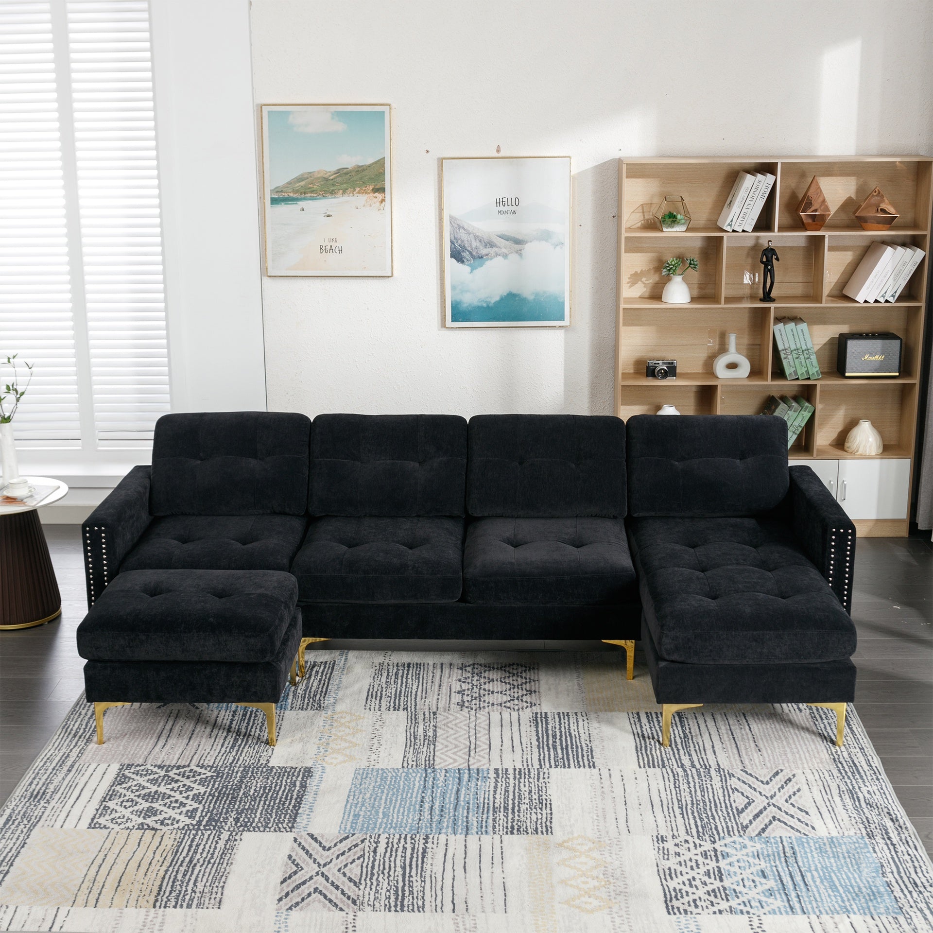 110.6" L-Shape Convertible Sectional Sofa Couch with Movable Ottoman for Living Room, Apartment, Office, Black