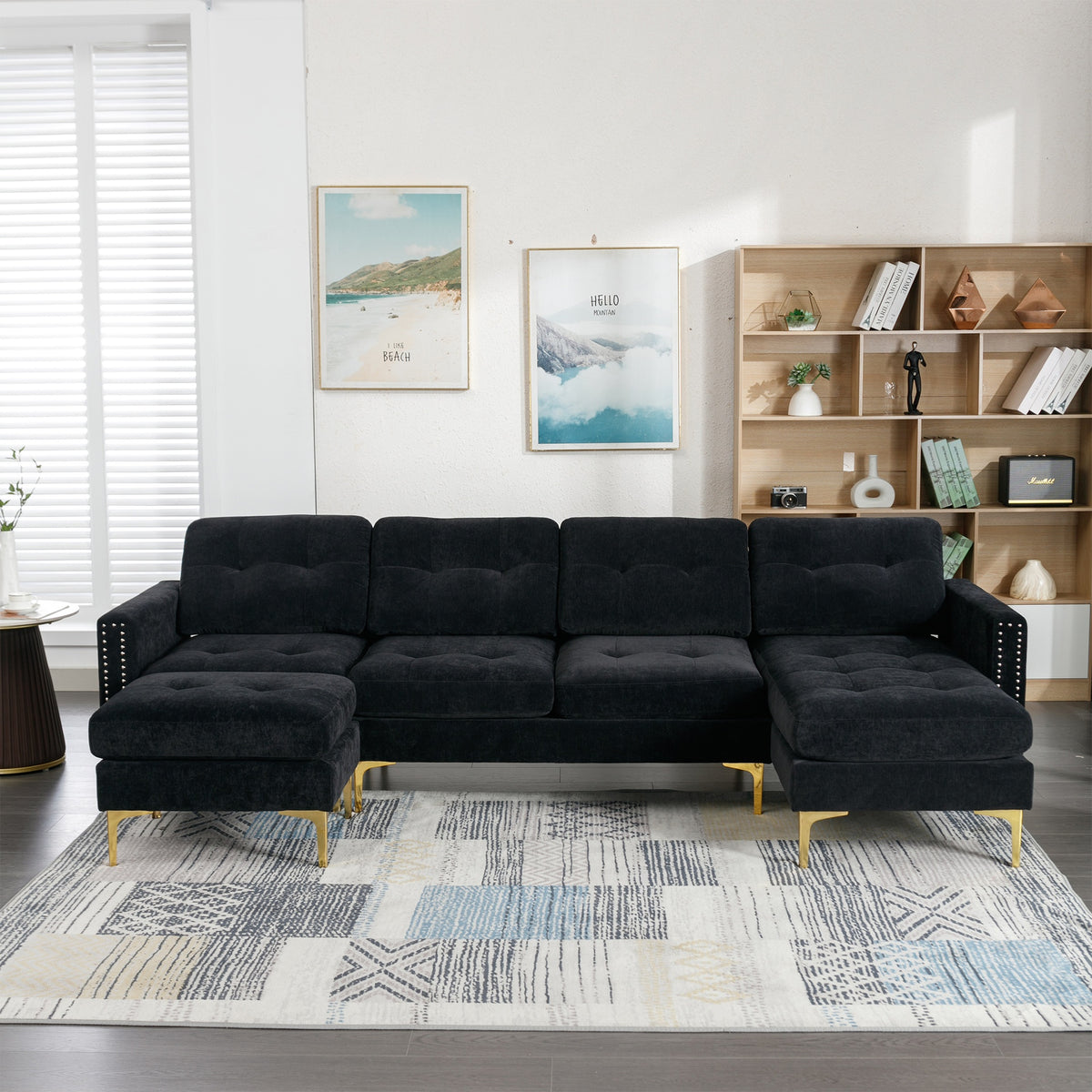 110.6" L-Shape Convertible Sectional Sofa Couch with Movable Ottoman for Living Room, Apartment, Office, Black
