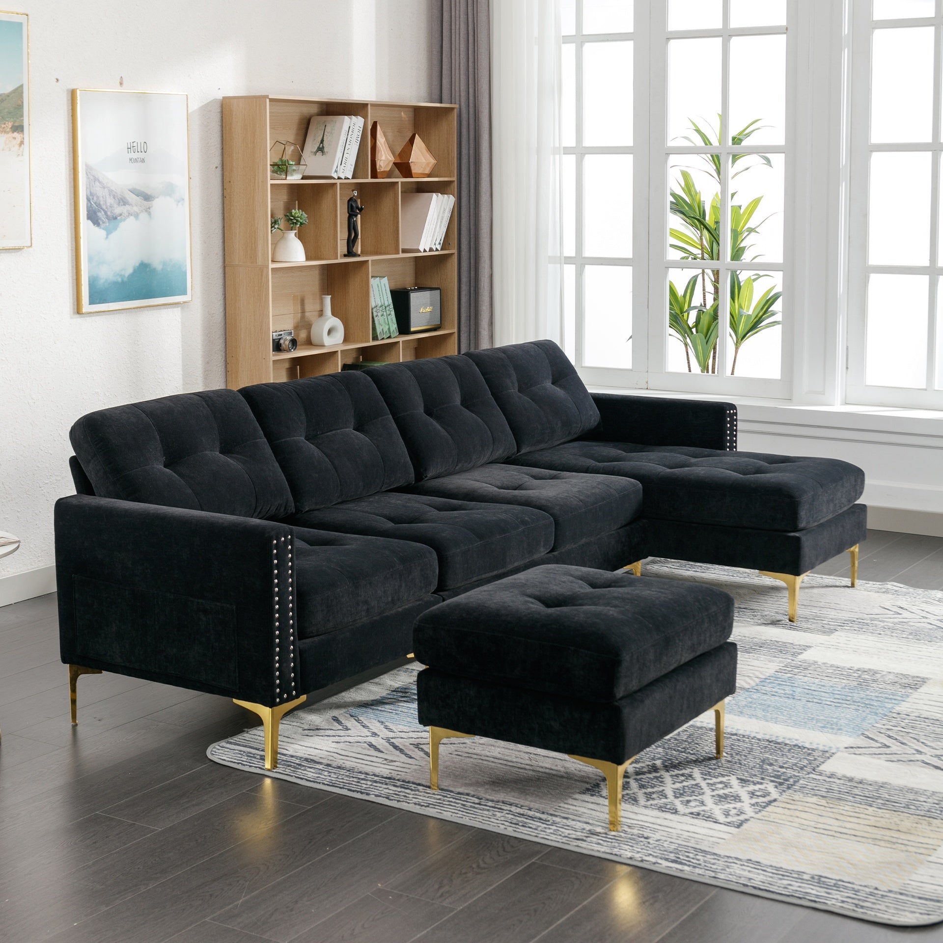 110.6" L-Shape Convertible Sectional Sofa Couch with Movable Ottoman for Living Room, Apartment, Office, Black