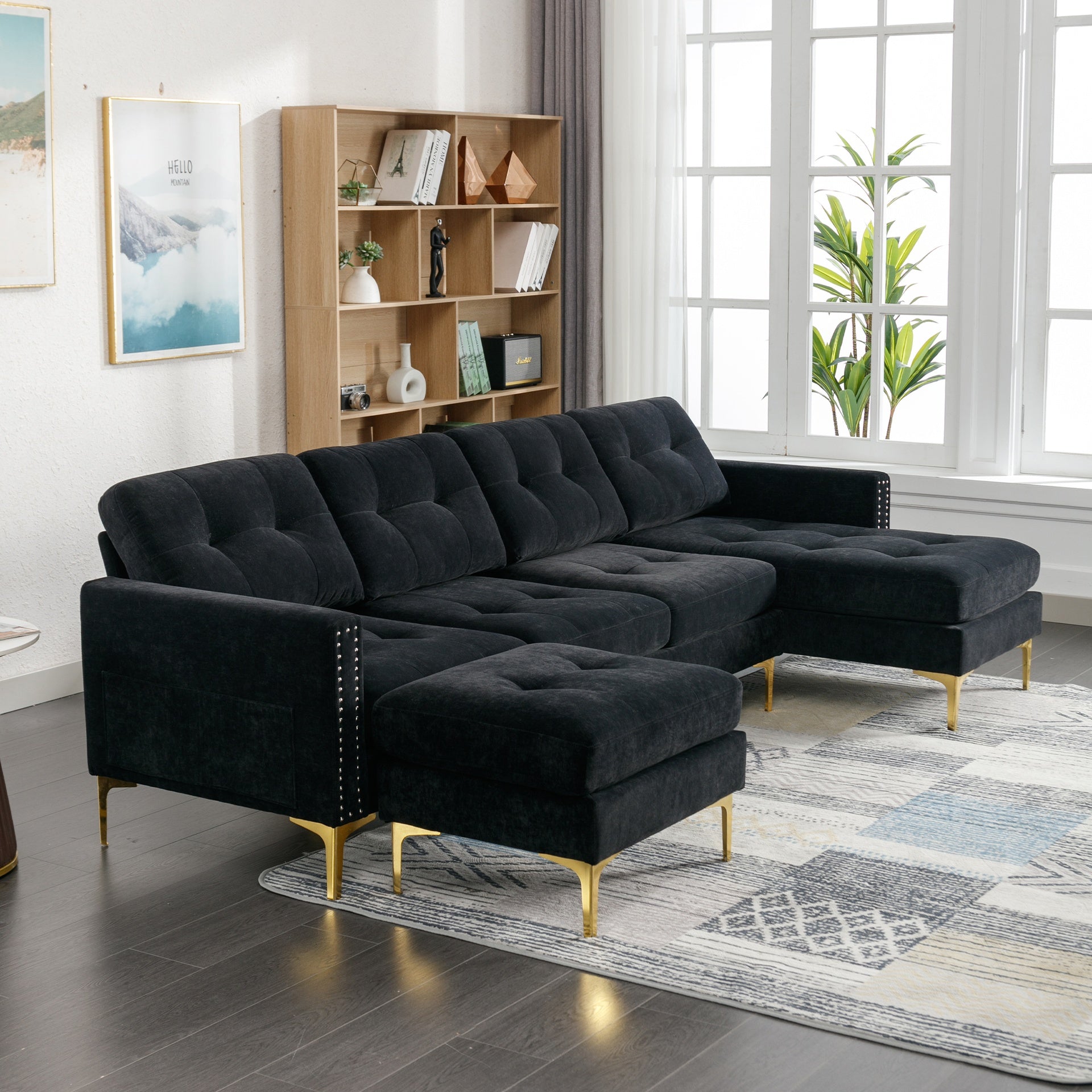 110.6" L-Shape Convertible Sectional Sofa Couch with Movable Ottoman for Living Room, Apartment, Office, Black