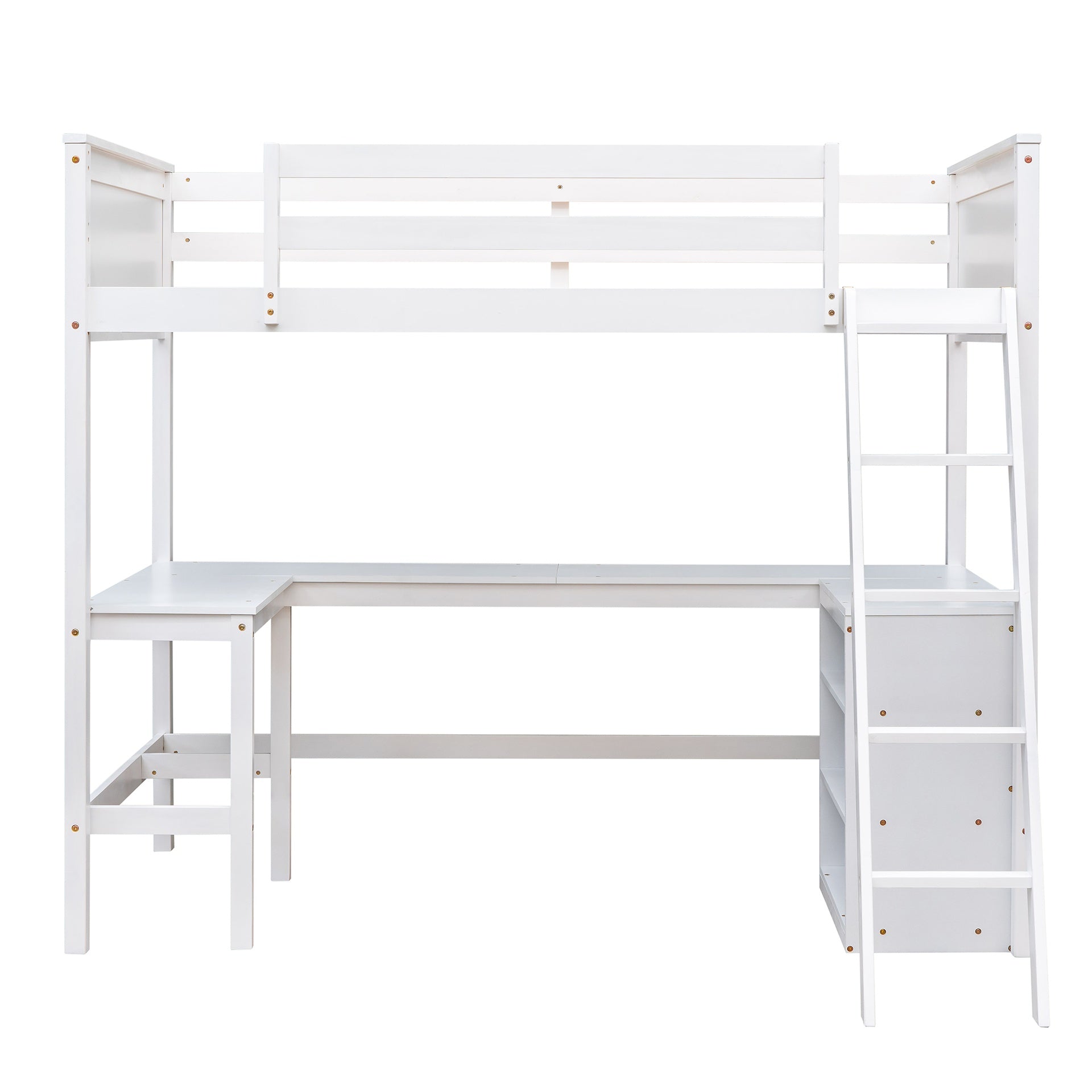Twin size Loft Bed with Shelves and Desk, Wooden Loft Bed with Desk - White(OLD SKU:LT001537AAK)