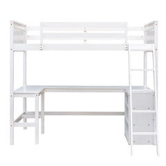 Twin size Loft Bed with Shelves and Desk, Wooden Loft Bed with Desk - White(OLD SKU:LT001537AAK)
