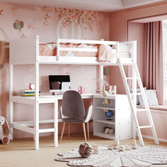 Twin size Loft Bed with Shelves and Desk, Wooden Loft Bed with Desk - White(OLD SKU:LT001537AAK)