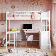 Twin size Loft Bed with Shelves and Desk, Wooden Loft Bed with Desk - White(OLD SKU:LT001537AAK)