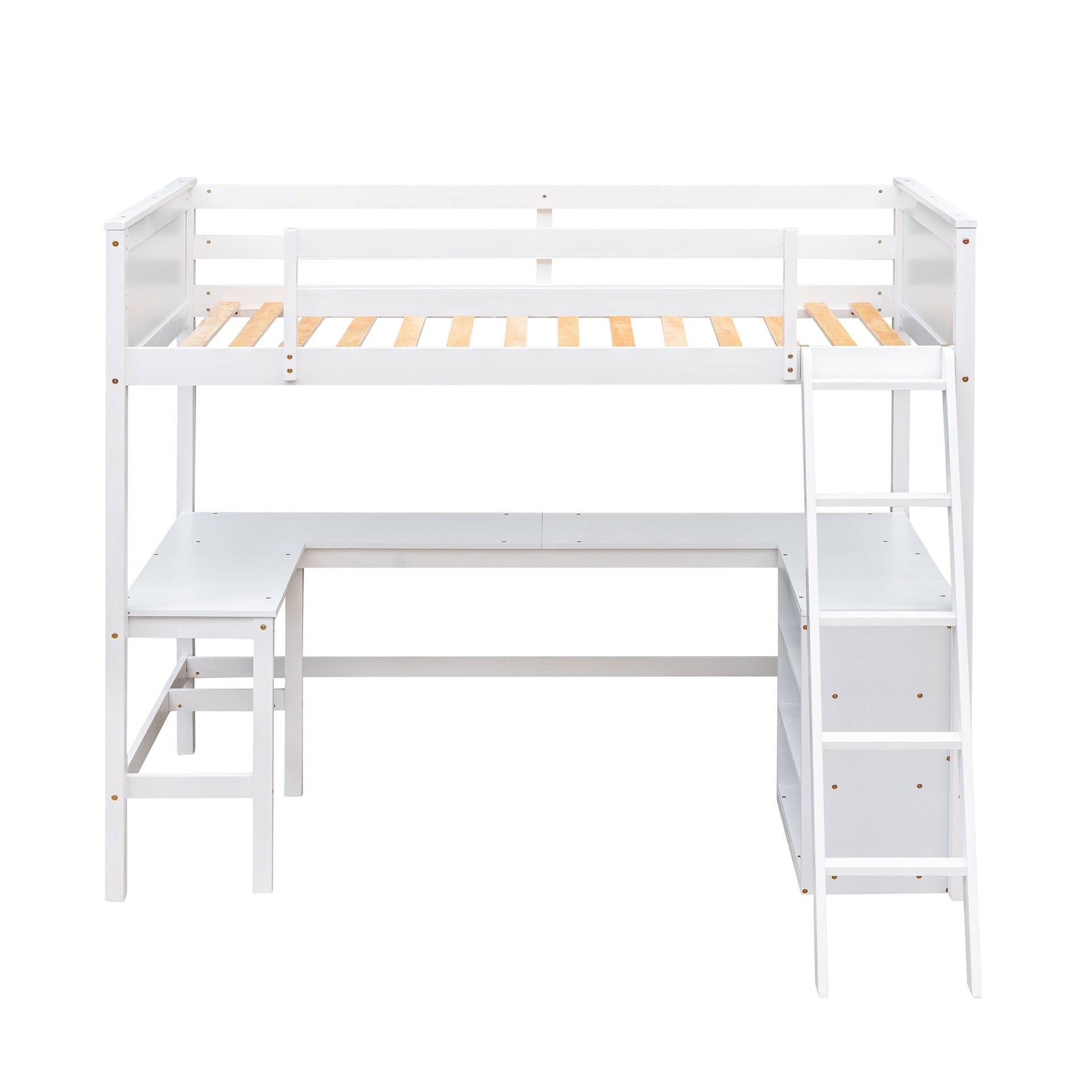 Twin size Loft Bed with Shelves and Desk, Wooden Loft Bed with Desk - White(OLD SKU:LT001537AAK)
