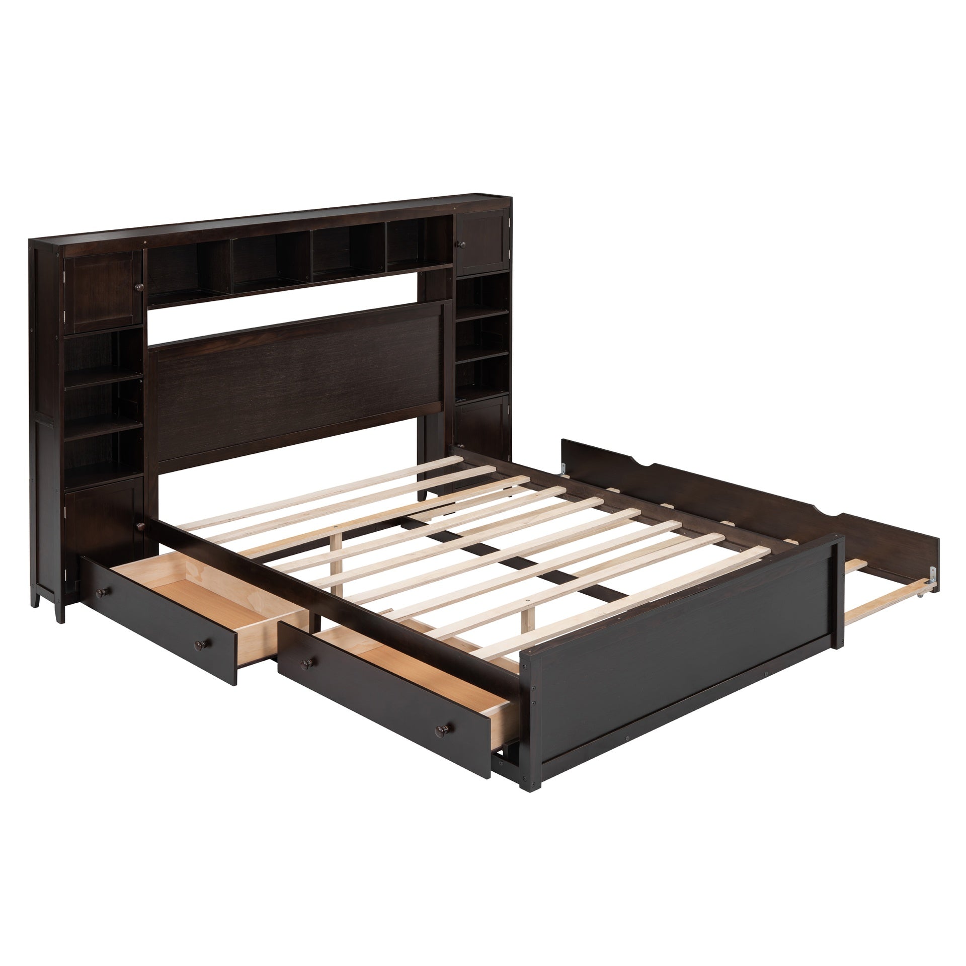 Queen Size Wooden Bed With All-in-One Cabinet, Shelf and Sockets,Twin XL Trundle,Espresso